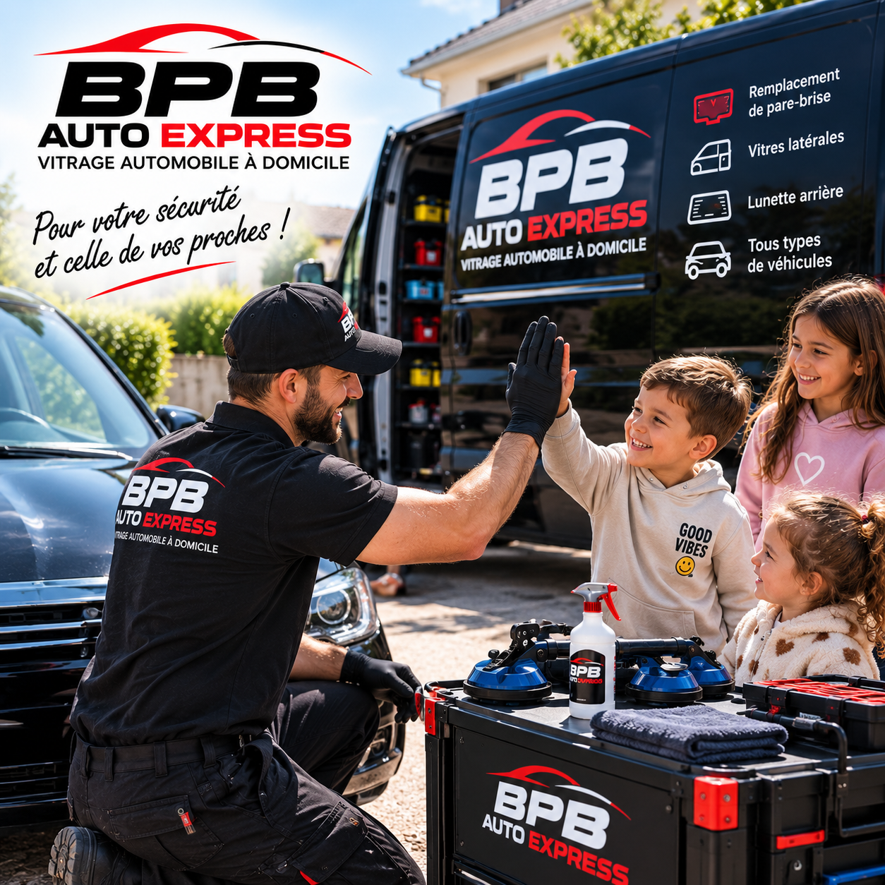 Technicien BPB Auto Express avec des enfants